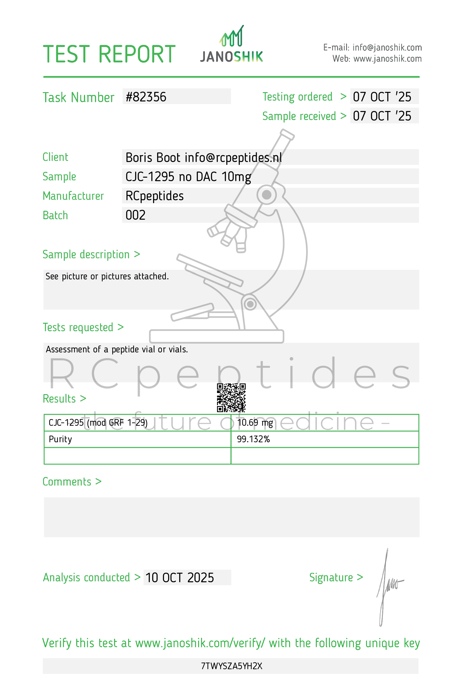 Test report for RC peptides with a microscope illustration on a white background