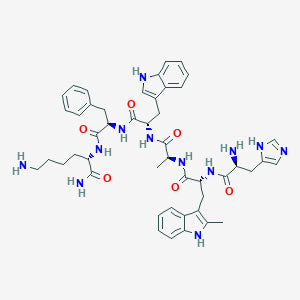 Chemical structure of Hexarelin peptide—His-D-2-Me-Trp-Ala-Trp-D-Phe-Lys sequence with peptide bonds illustrated