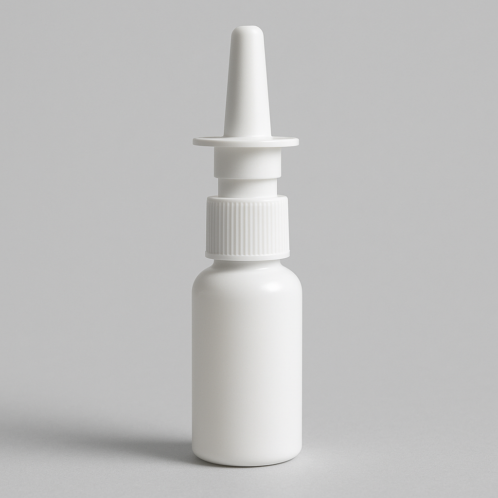 White nasal spray bottle on a gray background