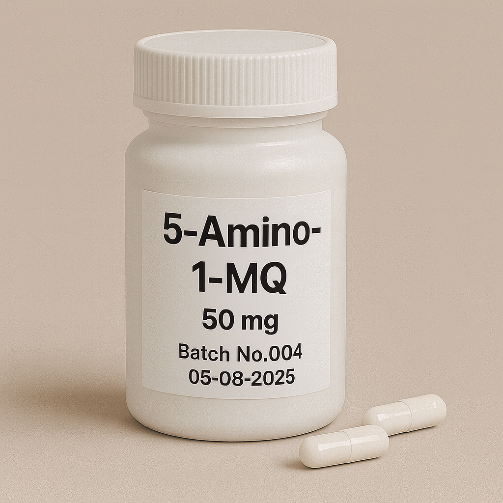 White plastic pill bottle labeled "5-Amino-1-MQ, 50 mg, Batch No.004, 05-08-2025" on a beige background, with two white capsules lying beside it.