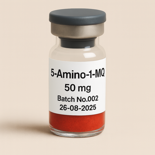 5-Amino-1-MQ 50 mg red-orange powder in clear sterile glass vial with gray cap, labeled Batch No.002 and expiration date 26-08-2025, pharmaceutical supplement on beige background.