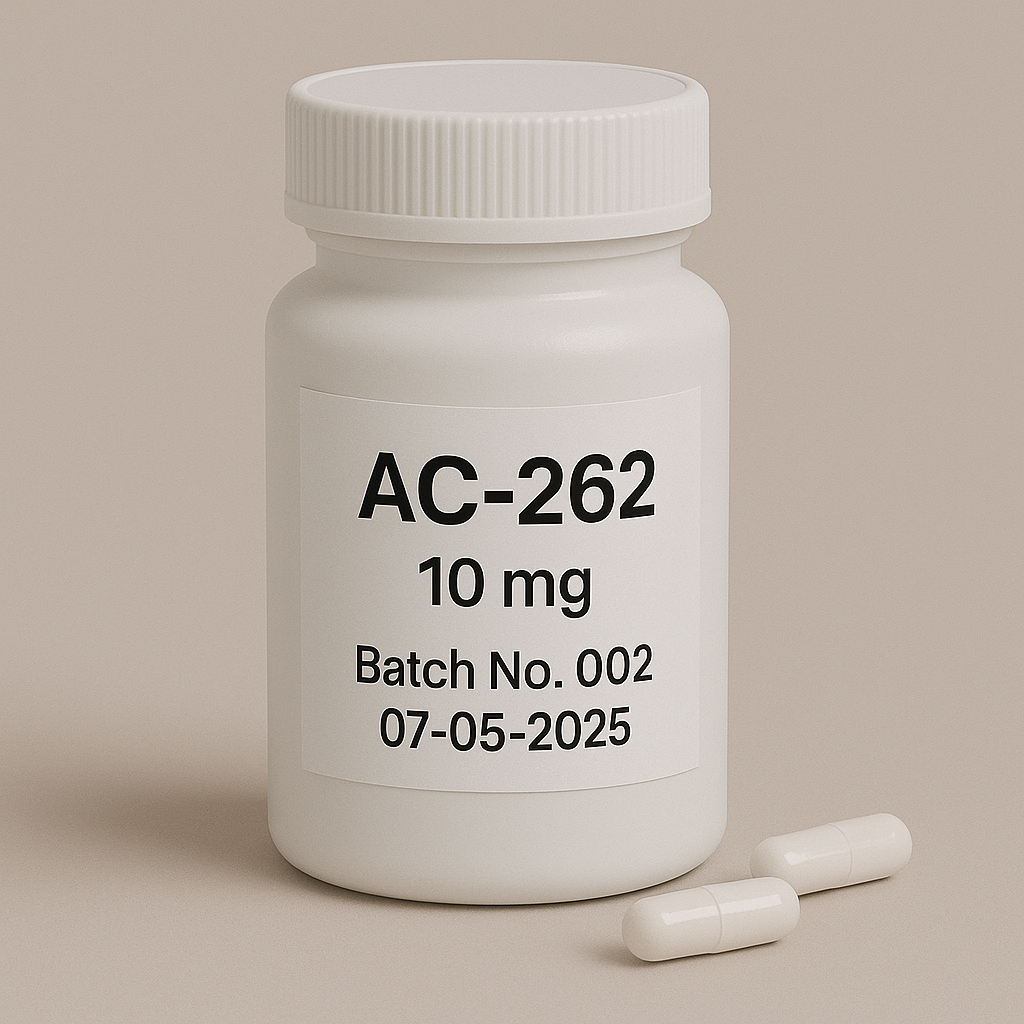 White pill bottle labeled 'AC-262 10 mg' with capsules on a beige background