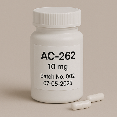 White pill bottle labeled 'AC-262 10 mg' with capsules on a beige background