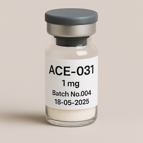 Glass vial labeled 'ACE-031 1 mg, Batch No.004, 18-05-2025' containing a white lyophilized powder, sealed with a gray rubber stopper and matte silver cap, placed against a soft beige background.