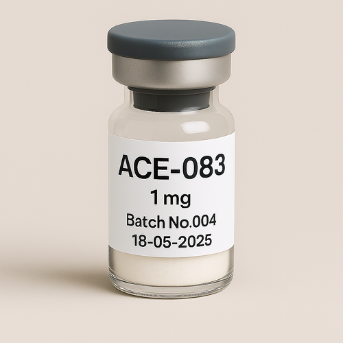 Glass vial labeled 'ACE-083 1 mg, Batch No.004, 18-05-2025' containing a white lyophilized powder, sealed with a gray rubber stopper and silver cap, photographed against a soft beige background
