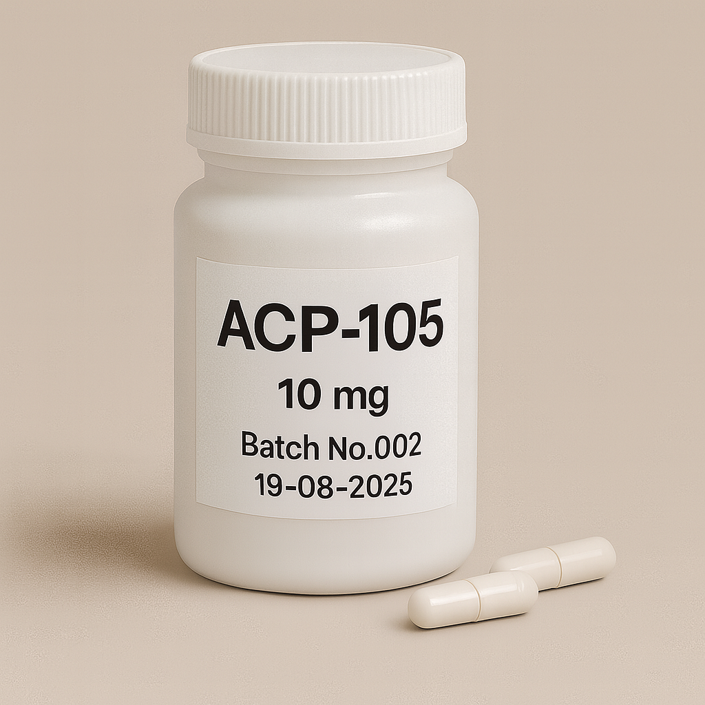 a white pill bottle labeled ACP-105 10mg, Batch No.002, expiring 19-06-2025, with two white capsules placed beside it on a neutral beige background