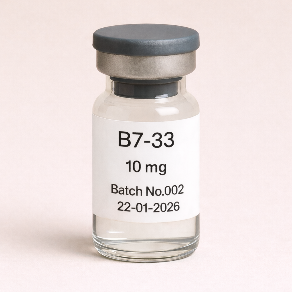 B7-33 peptide 10 mg vial product photo with freeze-dried powder on neutral beige background