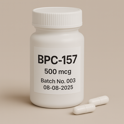 White plastic pill bottle labeled “BPC-157 500 mcg — Batch No. 003 — 08-08-2025” with two white capsules beside it on a neutral beige background