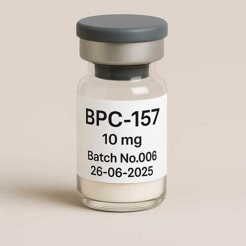 Glass vial labeled 'BPC-157 10 mg, Batch No.006, 26-06-2025' containing white lyophilized powder, sealed with a gray rubber stopper and silver cap, photographed against a neutral beige background