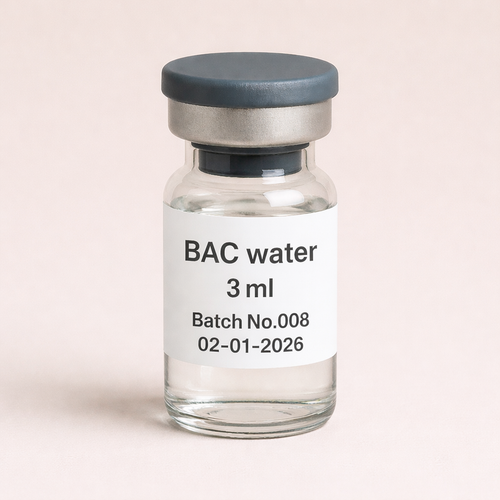 Glass vial labeled 'BAC water 3 ml' with a date on a beige background