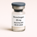 Bronchogen 20 mg peptide vial with white lyophilized powder, labeled Batch No.005, dated 09-01-2026, pharmaceutical glass vial with rubber stopper and metal seal.