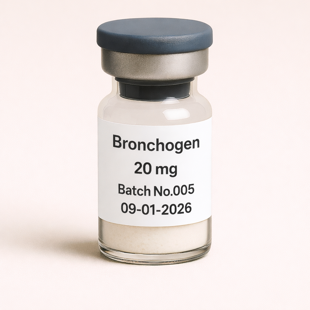 Bronchogen 20 mg peptide vial with white lyophilized powder, labeled Batch No.005, dated 09-01-2026, pharmaceutical glass vial with rubber stopper and metal seal.