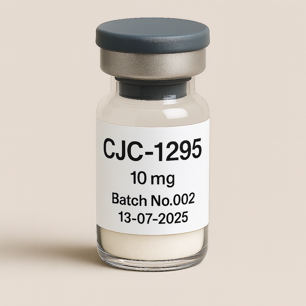 a clear glass vial containing lyophilized off-white powder, labeled ‘CJC-1295 10 mg – Batch No.002 – 13-07-2025,’ sealed with a gray rubber stopper and matte cap, displayed against a soft beige background