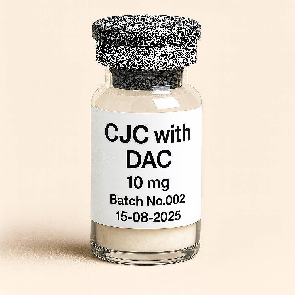 a transparent glass vial labeled 'CJC with DAC 10 mg, Batch No.002, 15-08-2025.' The vial contains a pale powder, features a gray rubber stopper with a matte metal cap, and sits against a soft beige background with diffused lighting for a clean, professional look