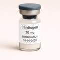 Cardiogen 20 mg peptide vial with white lyophilized powder, labeled Batch No.004, dated 18-01-2026, pharmaceutical glass vial with rubber stopper and metal seal.