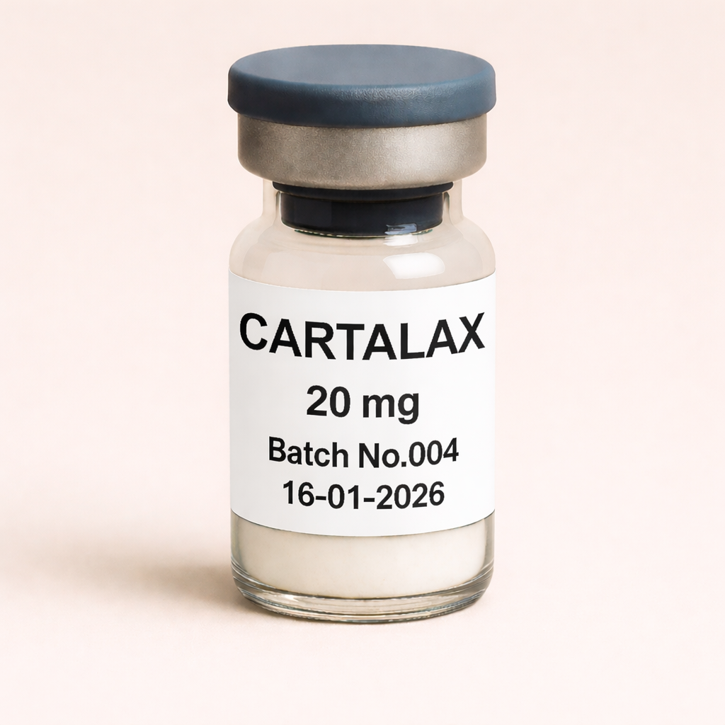Cartalax 20 mg peptide vial with white lyophilized powder, labeled Batch No.004, dated 14-01-2026, pharmaceutical glass vial with rubber stopper and metal seal.