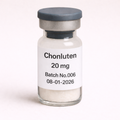 Chonluten 20 mg peptide vial with white lyophilized powder, labeled Batch No.006 and date 08-01-2026, sealed with a gray rubber stopper and silver aluminum cap, displayed on a neutral beige background