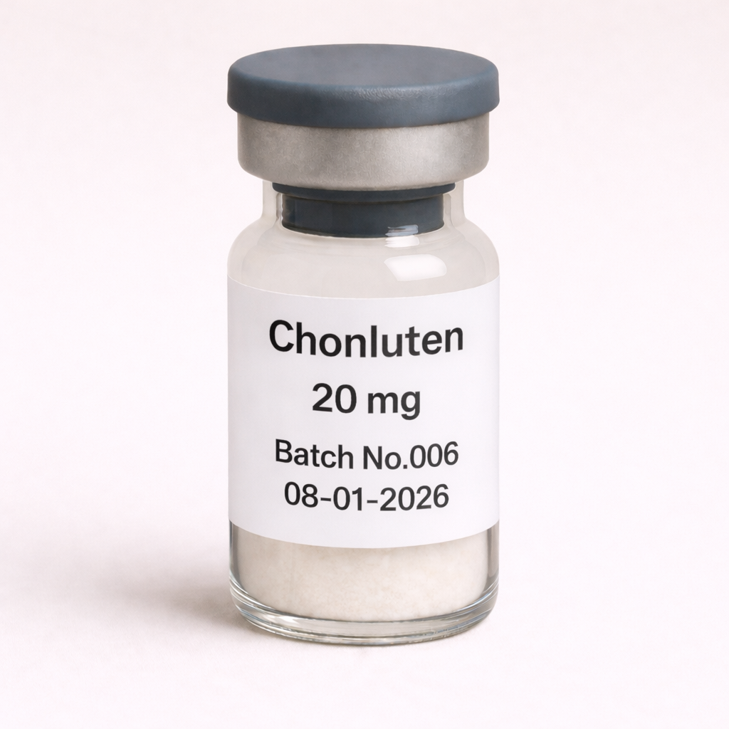 Chonluten 20 mg peptide vial with white lyophilized powder, labeled Batch No.006 and date 08-01-2026, sealed with a gray rubber stopper and silver aluminum cap, displayed on a neutral beige background