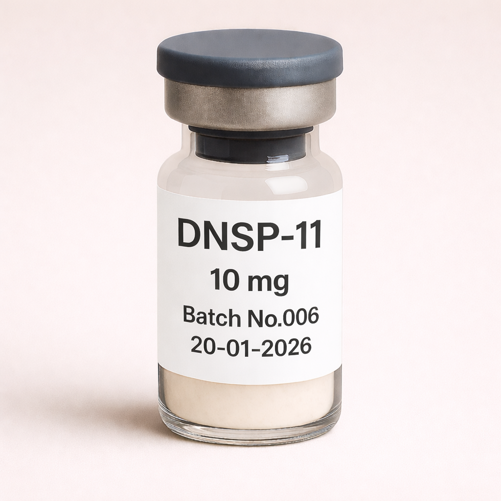 DNSP-11 10 mg peptide vial product image with Batch No. 006 and expiry date 20-01-2026, clear glass bottle with gray cap and off-white powder on a neutral beige background.
