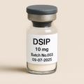 a clear glass vial filled with off-white powder, labeled ‘DSIP 10 mg – Batch No. 003 – 09-07-2025,’ sealed with a gray rubber stopper and matte cap, set against a soft beige background.
