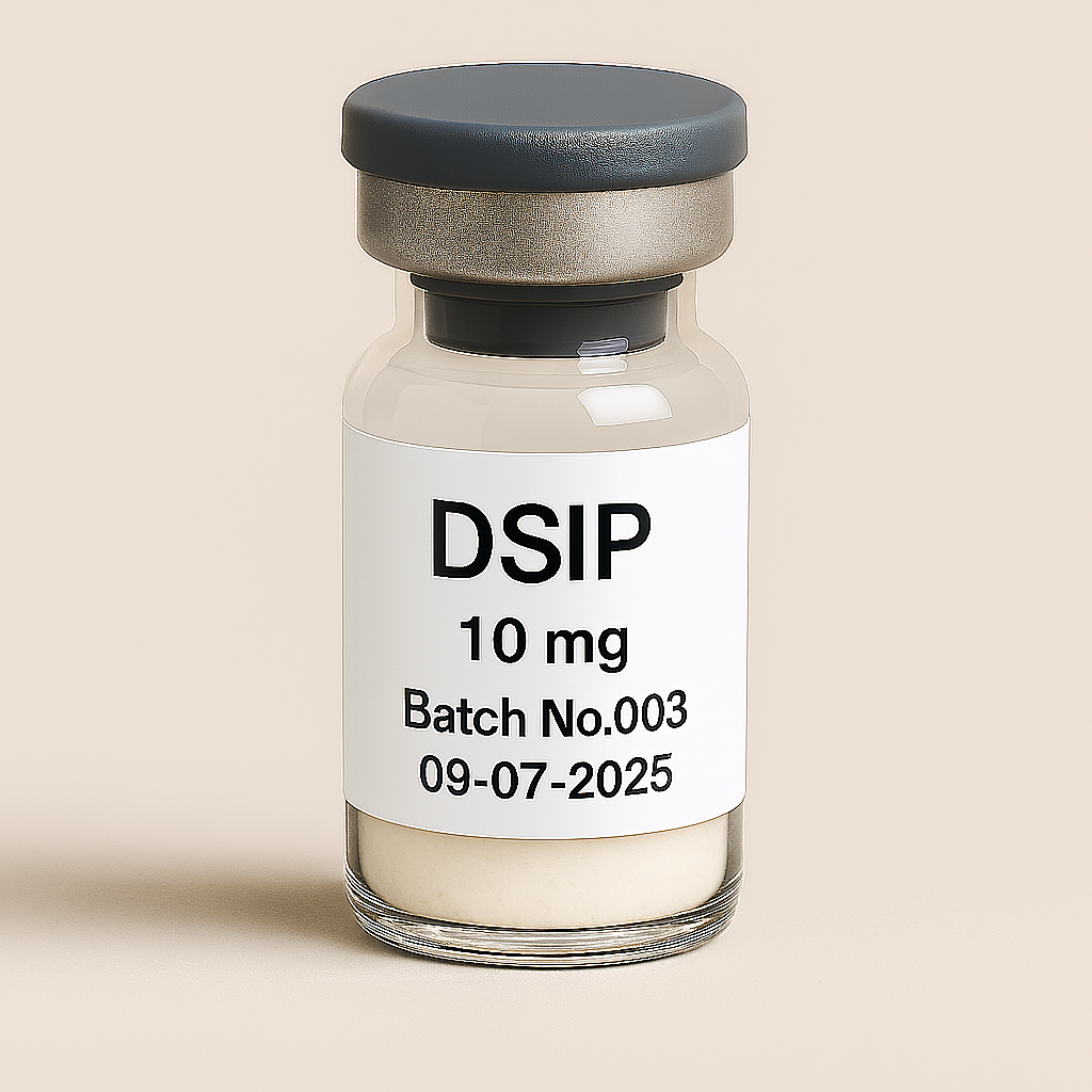 a clear glass vial filled with off-white powder, labeled ‘DSIP 10 mg – Batch No. 003 – 09-07-2025,’ sealed with a gray rubber stopper and matte cap, set against a soft beige background.
