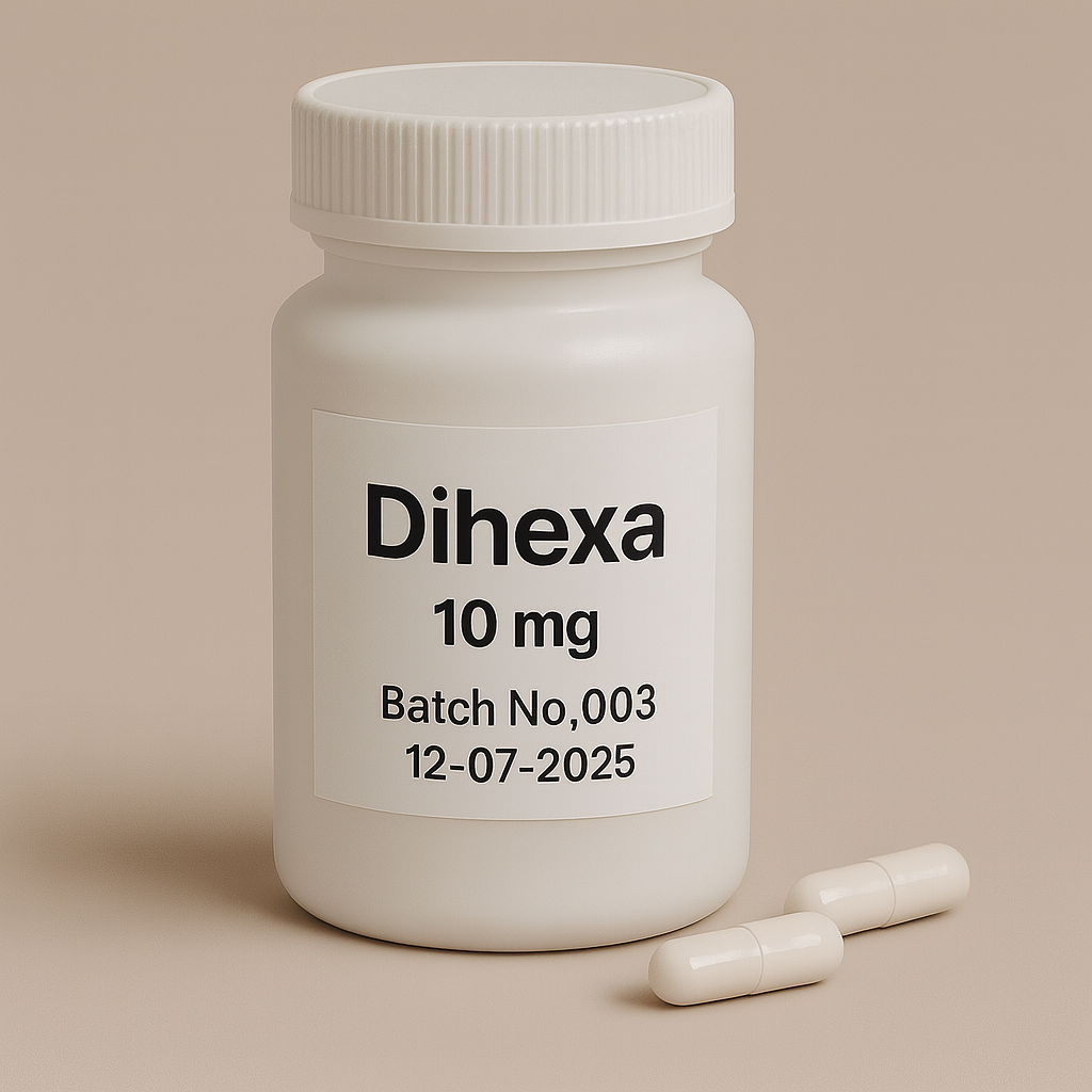 White plastic pill bottle labeled "Dihexa, 10 mg, Batch No.003, 12-07-2025" on a beige background, with two white capsules lying beside it.