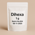 White stand-up resealable pouch labeled 'Dihexa 1g, Batch No.004, 08-11-2025', photographed against a neutral beige background – high-resolution product image for e-commerce and supplement labeling clarity