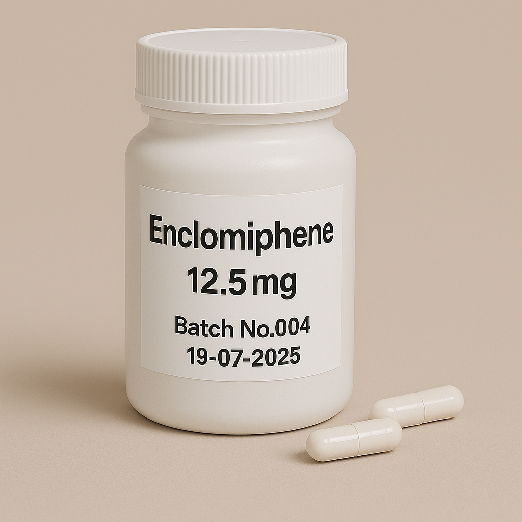 White plastic pill bottle labeled Enclomiphene, 12.5 mg, Batch No.004, dated 19-07-2025, with two white capsules beside it, set on a beige background