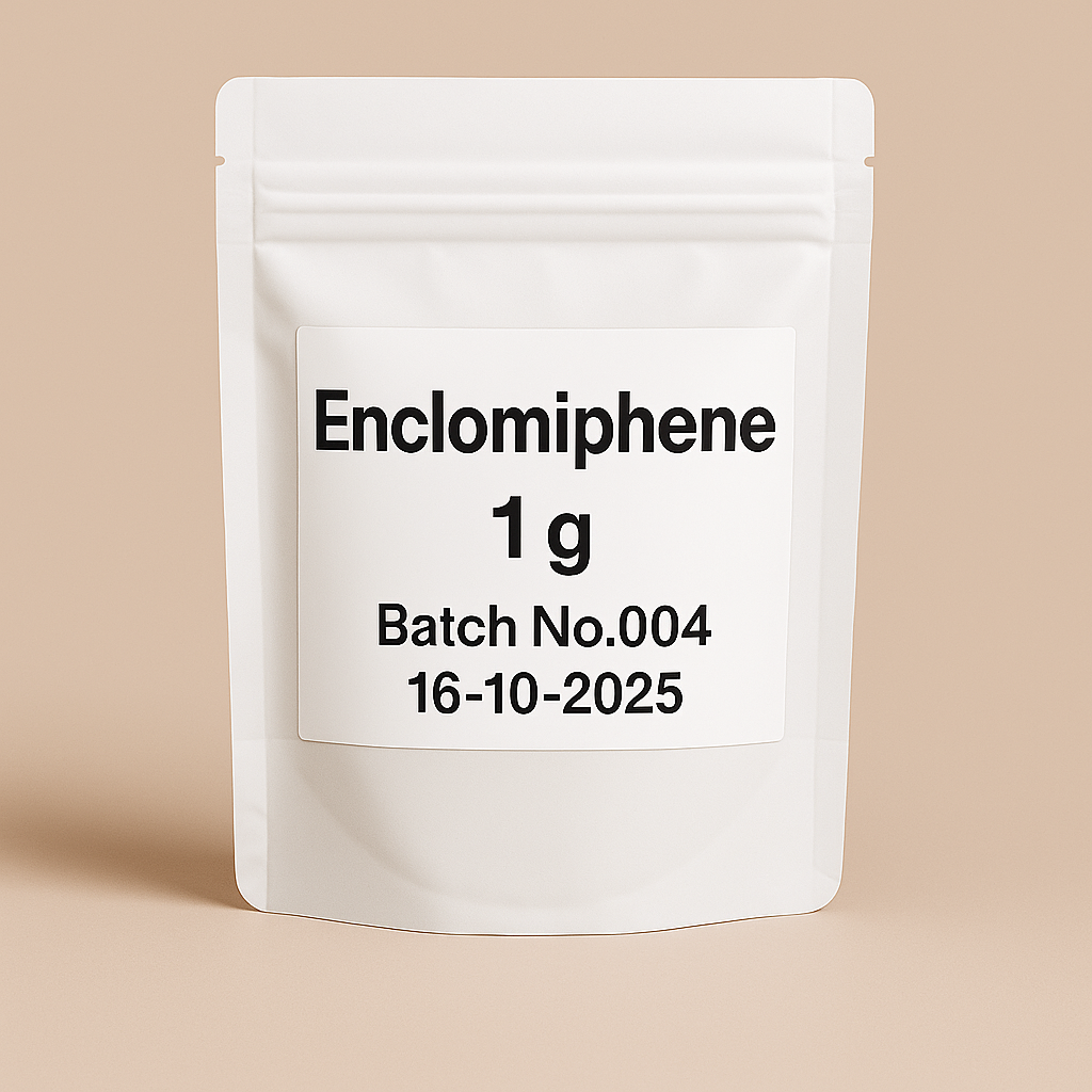 Enclomiphene 1g resealable white pouch – Batch No.004, dated 16-10-2025, pharmaceutical-grade packaging for research or lab use, displayed on a neutral background.