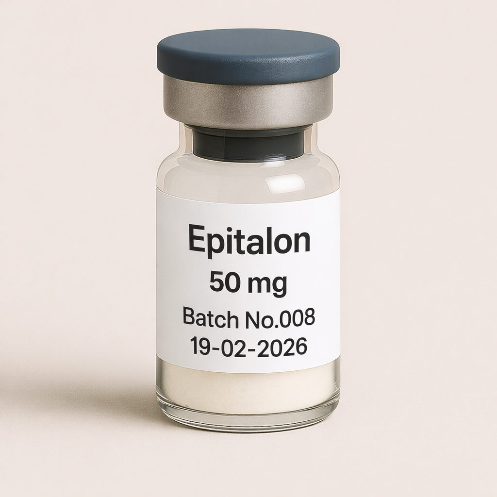 peptide Vial labeled 'Epitalon 50 mg' with batch number and date on a beige background