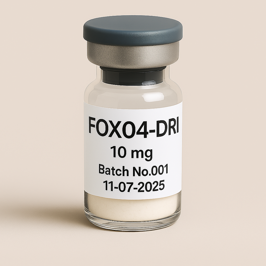 Clear glass vial labeled “FOX04-DRI 10 mg, Batch No.001, 11-07-2025,” sealed with a gray cap and filled with white lyophilized powder, set against a neutral background.