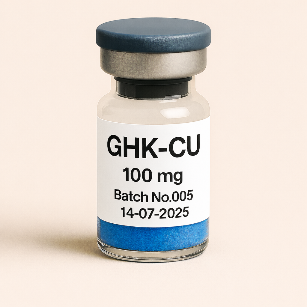 Vial labeled 'GHK-CU 100 mg Batch No.005 14-07-2025' on a beige background