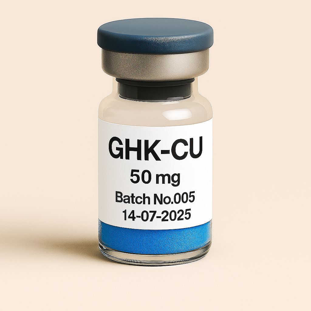 A photograph of a clear glass vial labeled "GHK-CU 50 mg, Batch No.005, 14-07-2025", containing blue lyophilized powder, sealed with a gray cap. The vial is positioned upright against a neutral beige background, showcasing a clean and clinical aesthetic suitable for e-commerce or pharmaceutical display