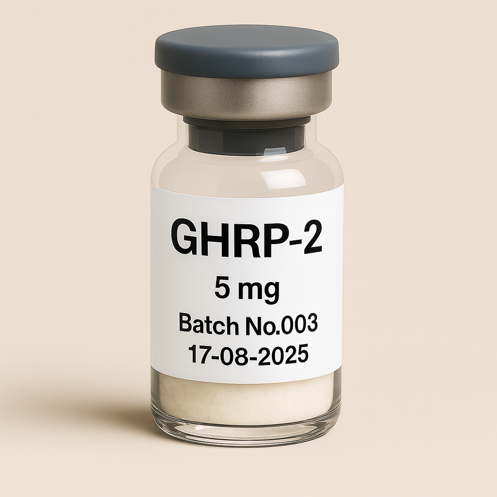 a clear glass vial containing off-white powder, labeled ‘GHRP-2 5 mg – Batch No.003 – 17-08-2025,’ sealed with a gray rubber stopper and matte aluminum cap, set against a soft beige background.”