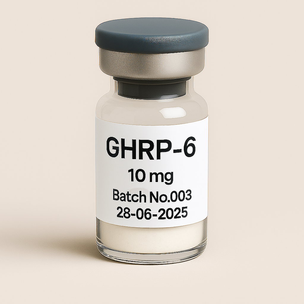 Glass vial labeled GHRP-6, 10 mg, Batch No.003, dated 28-06-2025, with gray cap and white powder inside, standing on a neutral beige background