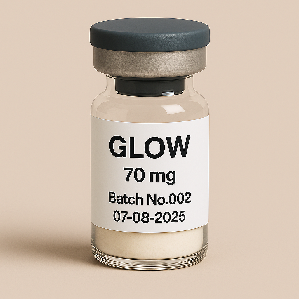 Glass vial labeled GLOW 70 mg, Batch No.002, expiration 07-08-2025, sealed with a gray cap and containing white lyophilized powder, photographed against a beige background. Ideal for peptide blends such as BPC-157, TB-500, and GHK-C