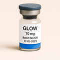 GLOW 70 mg peptide vial with blue lyophilized powder, labeled Batch No.008, dated 17-01-2025, pharmaceutical glass vial with rubber stopper and metal seal.