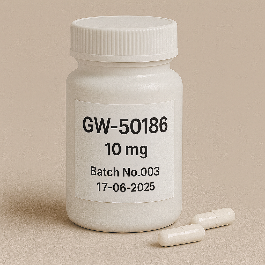 A digital photograph shows a white pharmaceutical pill bottle labeled "GW-50186, Batch No.003, 17-06-2025," with two white capsules placed neatly on a beige surface beside it. The minimalist beige background and clean typography highlight the clinical and professional style of the packaging