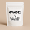 product image showing a white, resealable stand-up pouch labeled "GW0742, 1g, Batch No.006, 27-10-2025", photographed against a neutral background. The pouch is used for packaging research compounds or laboratory-grade supplements