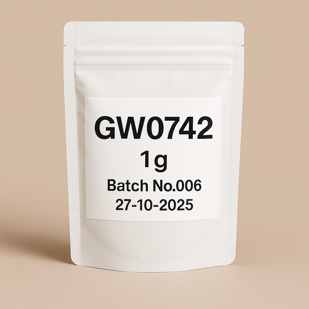 product image showing a white, resealable stand-up pouch labeled "GW0742, 1g, Batch No.006, 27-10-2025", photographed against a neutral background. The pouch is used for packaging research compounds or laboratory-grade supplements