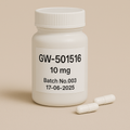 White pharmaceutical bottle labeled "GW501516 10 mg Batch No.003 17-06-2025" with two white capsules on a neutral beige background. High-resolution product photo for supplement or research chemical packaging