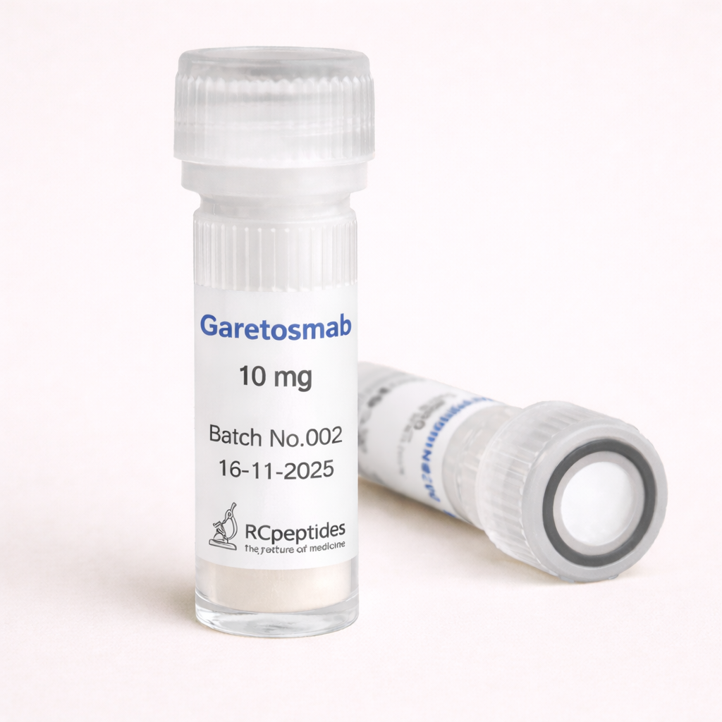 Garetosmab 10 mg peptide vial with white lyophilized powder, labeled Batch No.002, dated 16-11-2025, transparent plastic vial with ribbed screw cap on beige background.