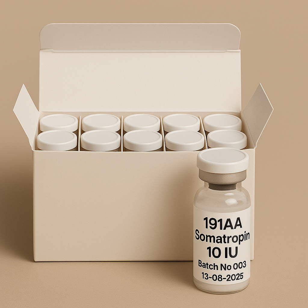 Box set of 191AA Somatropin vials with white caps, including one vial displayed in front showing a clear label: 191AA Somatropin, 10 IU, Batch No.003, expiration date 13-08-2025, on a neutral beige background.