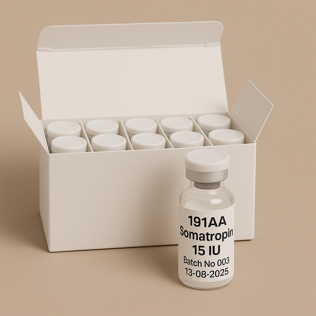 Box set of 191AA Somatropin vials with white caps, including one vial displayed in front showing a clear label: 191AA Somatropin, 15 IU, Batch No.003, expiration date 13-08-2025, on a neutral beige background