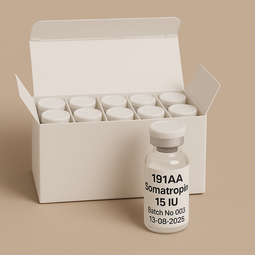 Box set of 191AA Somatropin vials with white caps, including one vial displayed in front showing a clear label: 191AA Somatropin, 15 IU, Batch No.003, expiration date 13-08-2025, on a neutral beige background