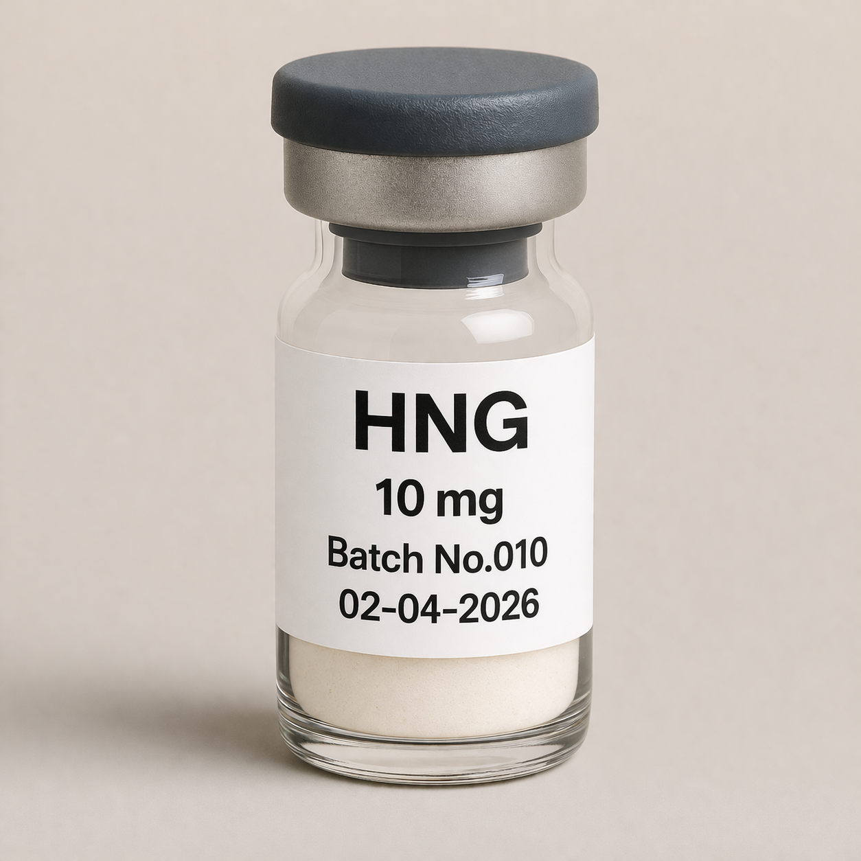 HNG 10 mg peptide vial product image with Batch No. 010 and expiry date 02-04-2026, clear glass bottle with gray cap and off-white powder on a neutral beige background.