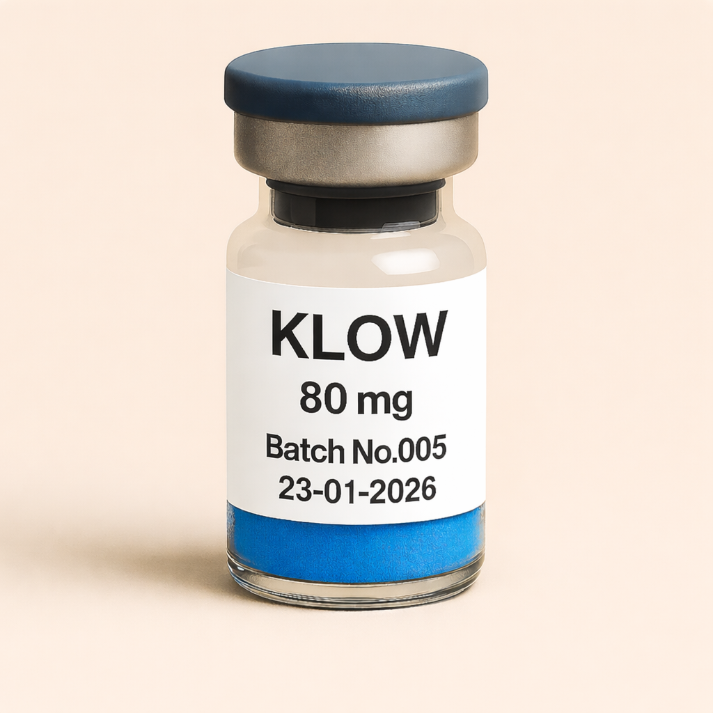 KLOW 80 mg peptide vial with blue lyophilized powder, labeled Batch No.005, dated 23-01-2026, pharmaceutical glass vial with rubber stopper and metal seal.