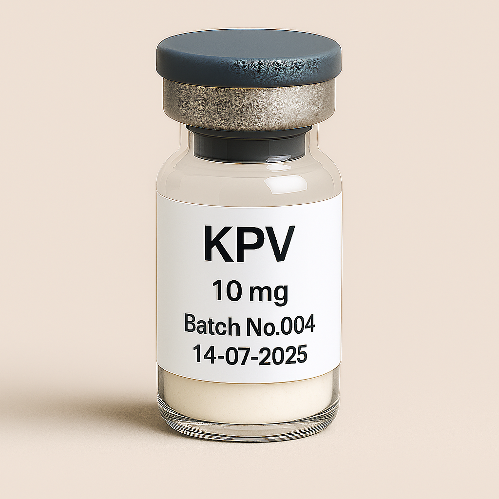 Glass vial labeled KPV, 10 mg, Batch No.004, dated 14-07-2025, sealed with a gray cap and containing white powder, placed on a beige background
