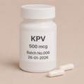 KPV 500 mcg peptide capsules in white plastic bottle, labeled Batch No.006, dated 26-01-2026, ribbed screw cap bottle on beige background.