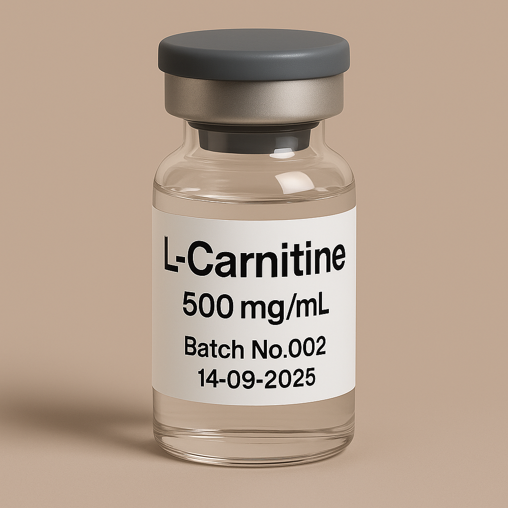 Glass vial of L-Carnitine 500 mg/mL, labeled Batch No.005 with expiration date 14-09-2025, sealed with a gray cap and displayed against a clean beige background.